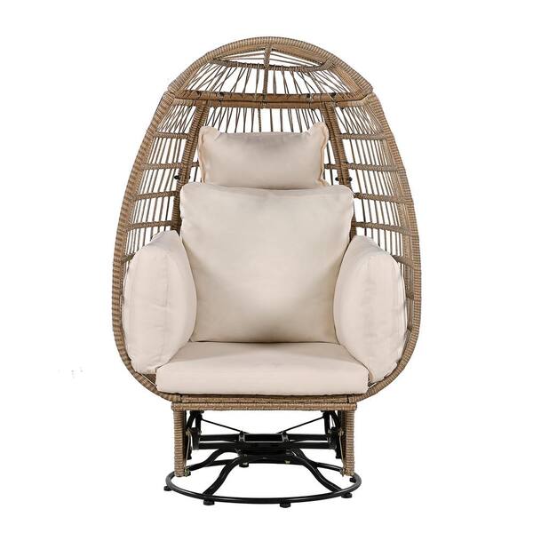 Unbranded Natural Swivel Wicker Outdoor Lounge Egg Chair with Rocking Function and Beige Cushion