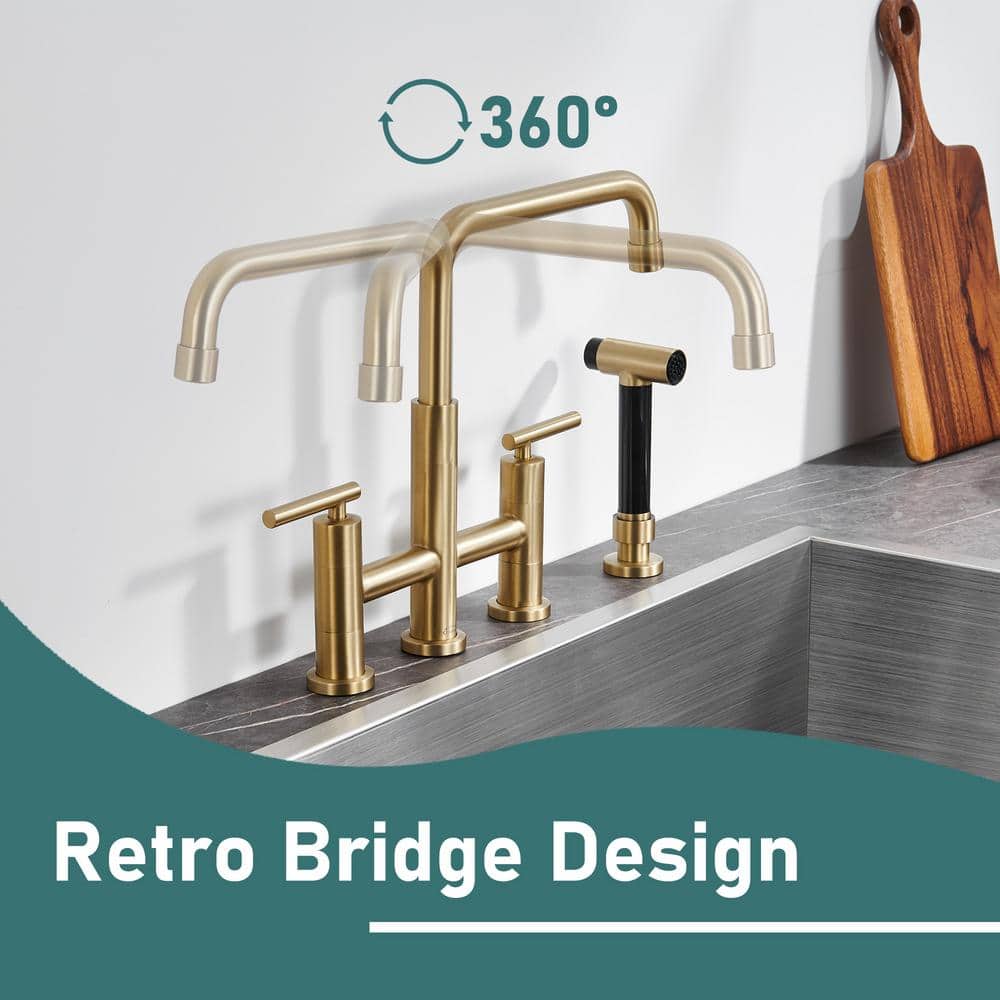Brushed Gold Bridge Kitchen Faucet with Pull-out Spray