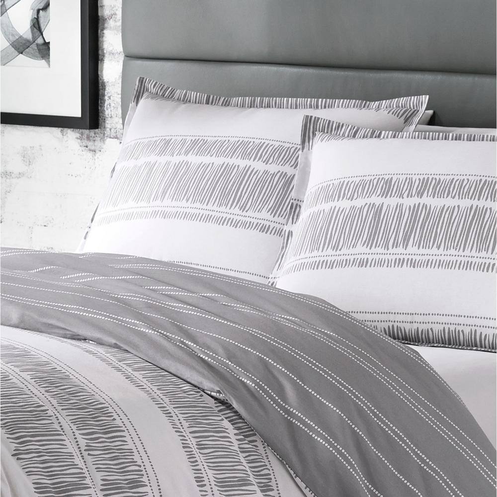 Ziggy White and Gray Cotton Reversible Full/Queen Duvet Cover Set
