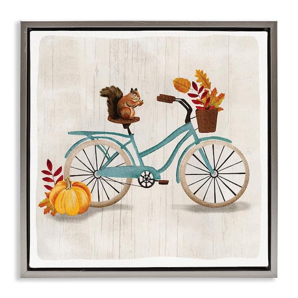 Stupell Industries Squirrel on Autumnal Bicycle by Jackie Quigley Gray Floater Frame Graphic Animal Art Print 25 in. x 25 in.
