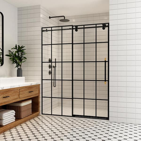 ROSWELL Puente 60 in. W x 78 in. H Single Sliding Frameless Shower Door in Matte Black with Clear Glass
