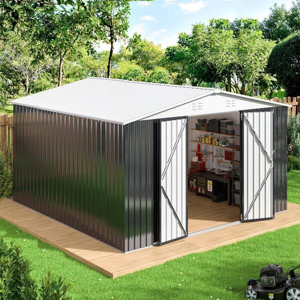 Polar Aurora 10x12 Ft Metal Garden Shed – Black, Lockable Double Doors, 4 Windows, A-Frame Roof