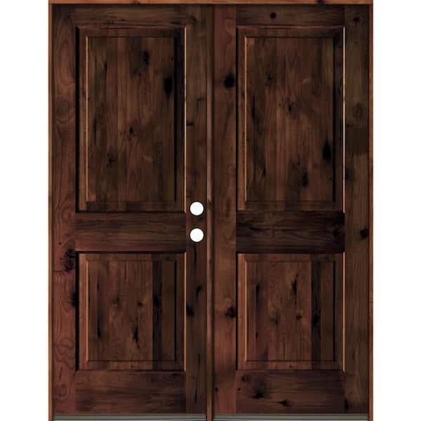 Krosswood Doors 64 in. x 80 in. Rustic Knotty Alder 2-Panel Square Top Red Mahogony Stain Left-Hand Wood Double Prehung Front Door