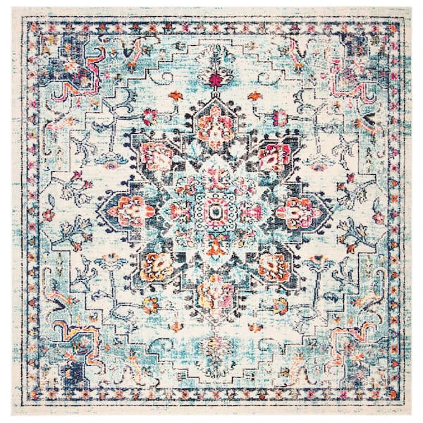 Madison Cream/Blue 10 ft. x 10 ft. Border Geometric Floral Medallion Square Area Rug