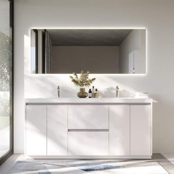 MT 70.9 in. W x 19.6 in. D Double Sink Freestanding Bath Vanity in White with White Resin Vanity Top