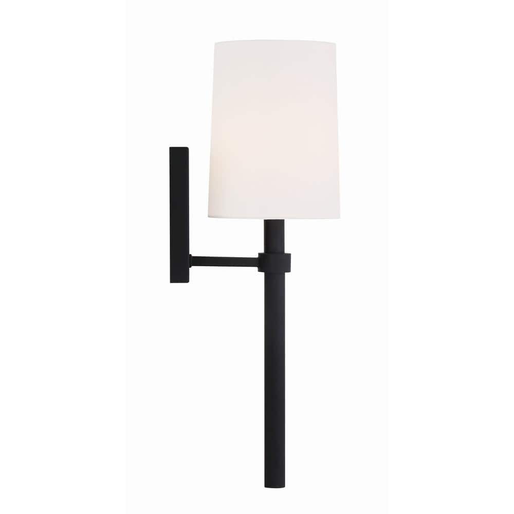 Elegant Cylinder Black Forged Wall Sconce with White Silk Shade