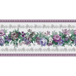 Falkirk Dandy Purple, Blue, Green Flowers on Vine Floral Peel and Stick Wallpaper Border