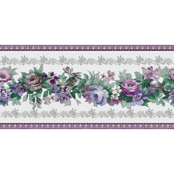 Dundee Deco Falkirk Dandy Purple, Blue, Green Flowers on Vine Floral Peel and Stick Wallpaper Border