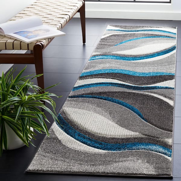 Hollywood 2 ft. x 14 ft. Gray/Turquoise Gradient Waves Runner Rug