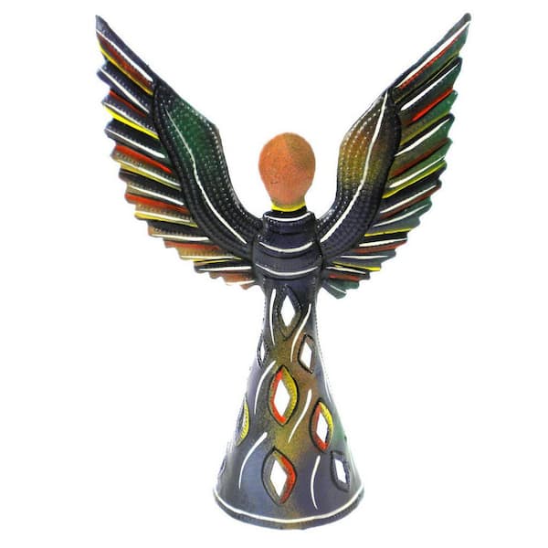 Global Craft Grey Standing Angel Haitian Steel Drum Sculpture Painted with Wings Up