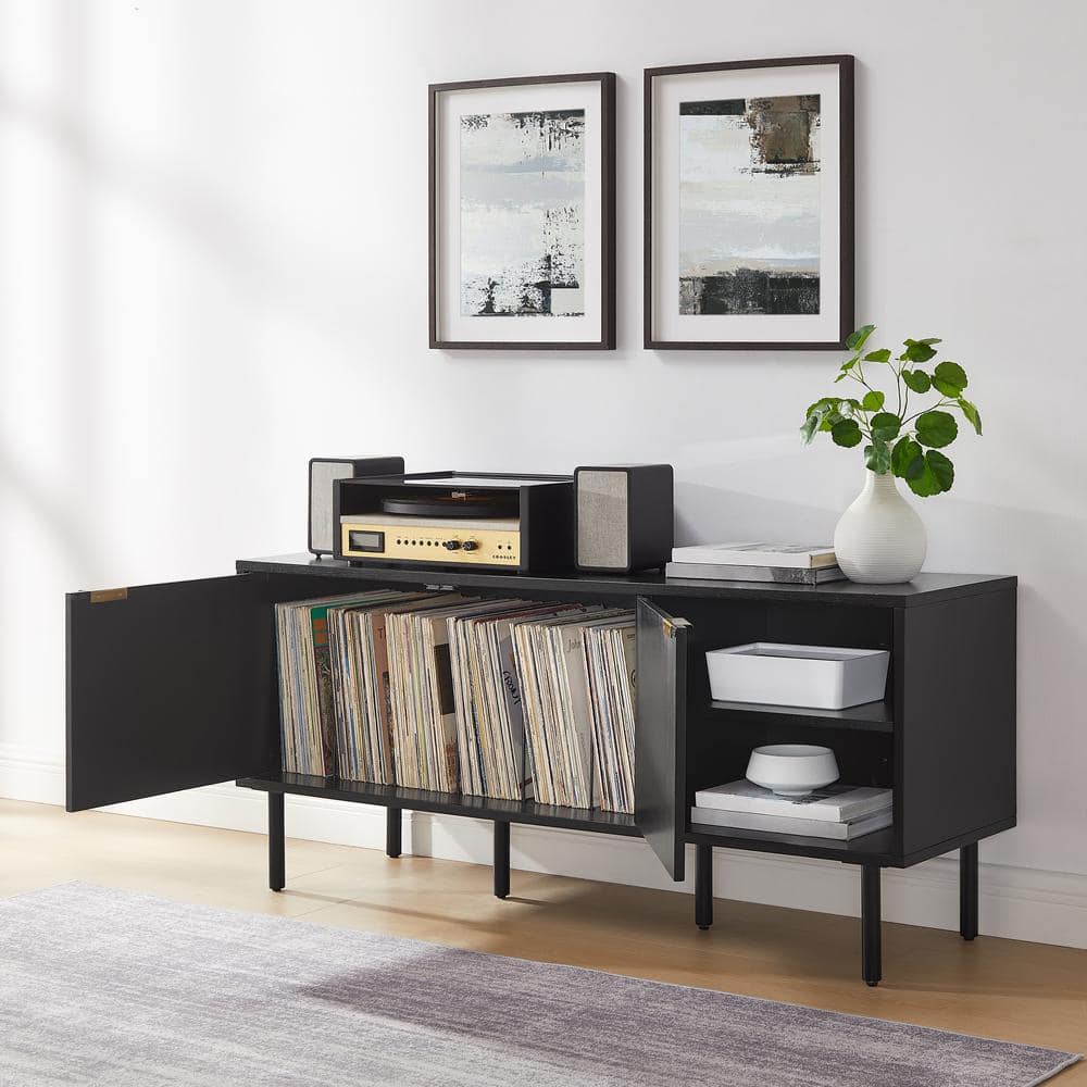 Brody Black Oak Record Storage Sideboard with Brass Handles