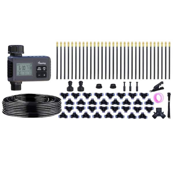 100 ft Drip Irrigation System with Water Timer Black 32-Nozzle Kit