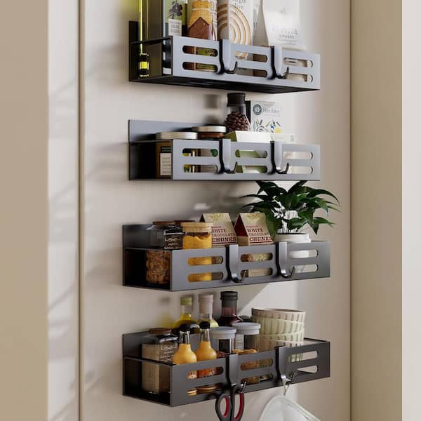 4 Pack Black Magnetic Refrigerator Mount Spice Rack Kitchen Storage Shelf Organizer for Seasoning Bottles