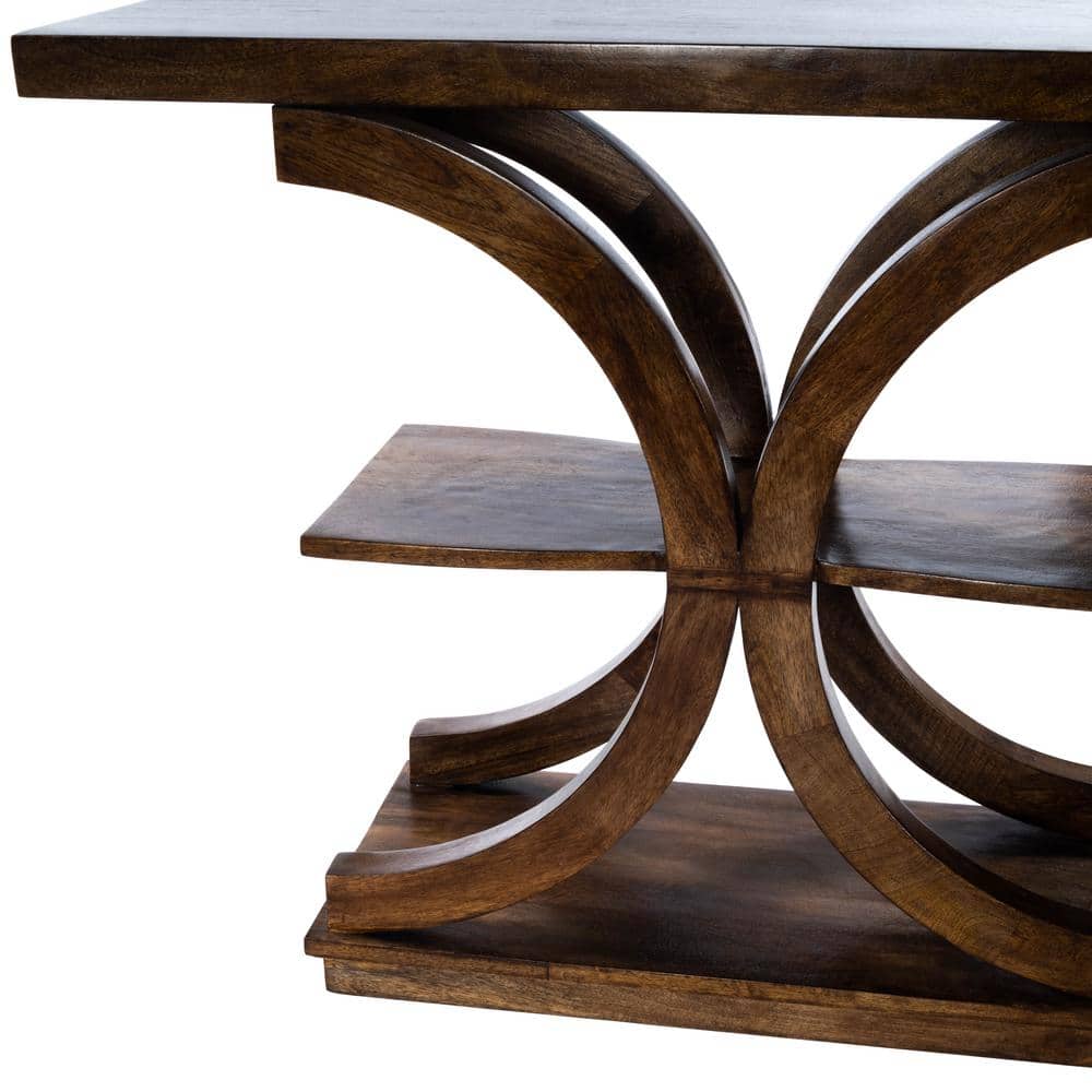 Stowe Solid Mango Wood and Glass 3-Tier Console Table in Dark Brown