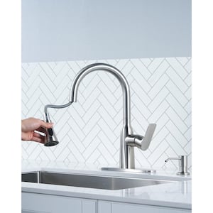 Single Handle Pull Down Sprayer Kitchen Faucet with Soap Dispenser in Vibrant Stainless Steel in Brushed Nickel