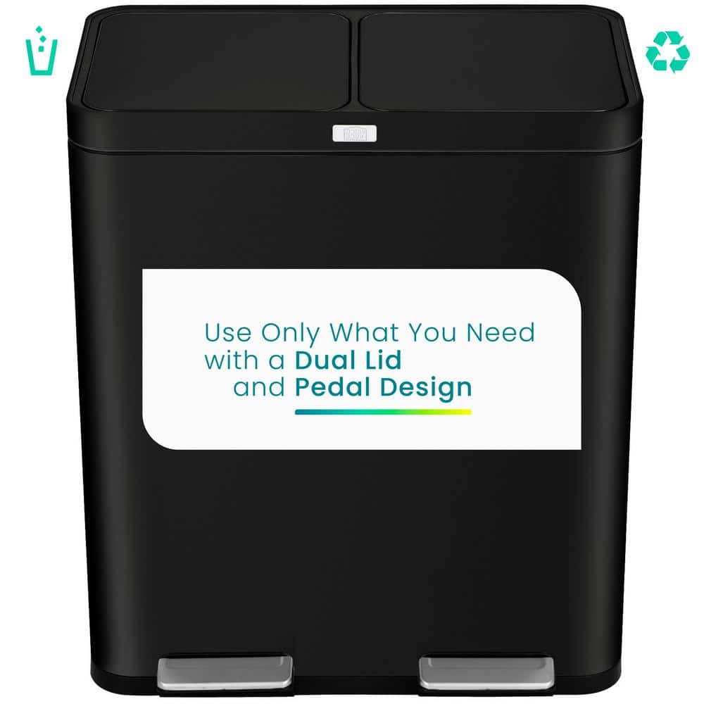Matte Black 15.8 Gallon Dual Compartment Stainless Steel Kitchen Trash Can