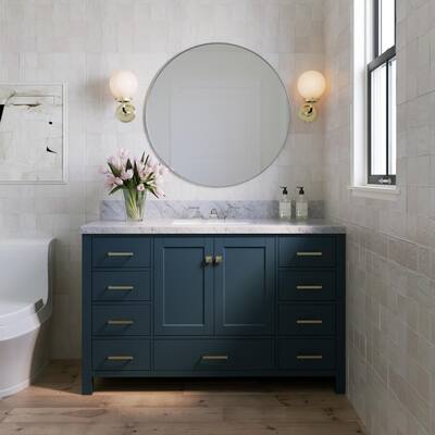 Cambridge 55 in. W x 22 in. D Vanity in Midnight Blue with Marble Vanity Top in Carrara White with White Basin