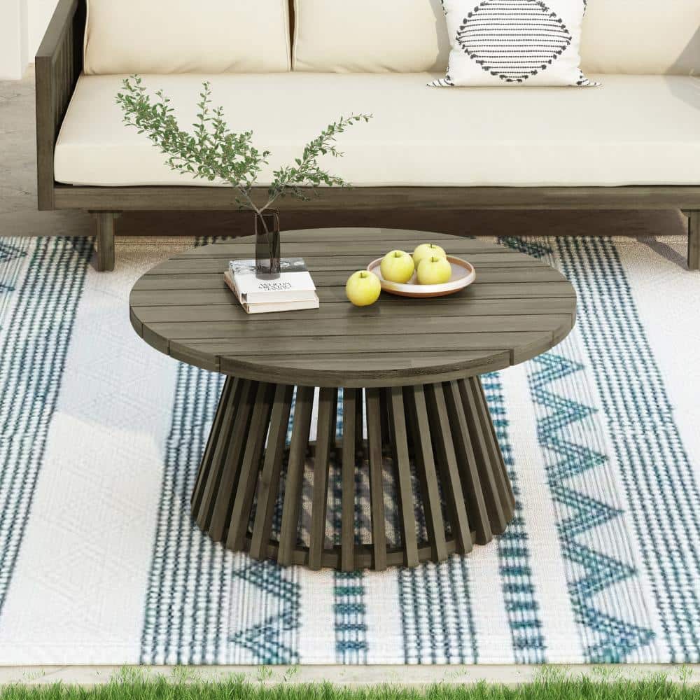 31.5 in. Grey Acacia Wood Round Outdoor Patio Coffee Table with Slatted Pedestal Base price history on PriceWatchPro