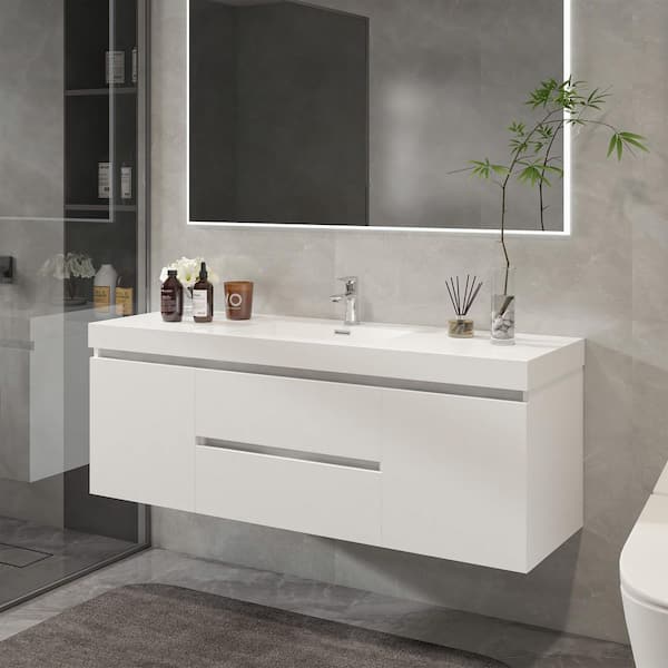 Annecy 60 in. W x 18.5 in. D x 20 in. H Bathroom Wall Hung Vanity in White with Single Basin Vanity Top in White Resin