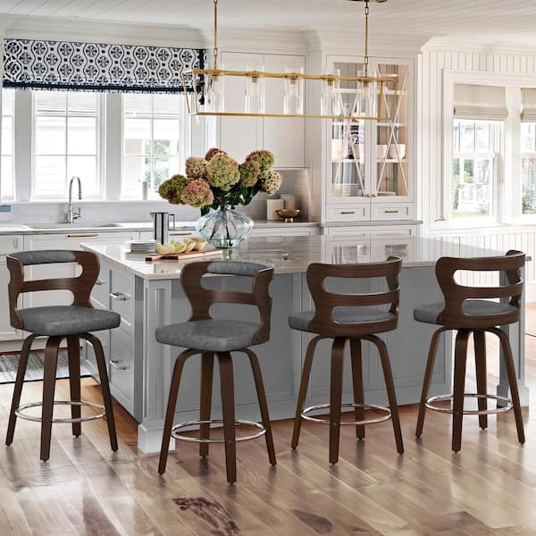 cozyman 26 in. Gray Faux Leather and Deep Walnut Wood Mid-Century Modern Swivel Counter Height Bar Stool ((Set of 4))