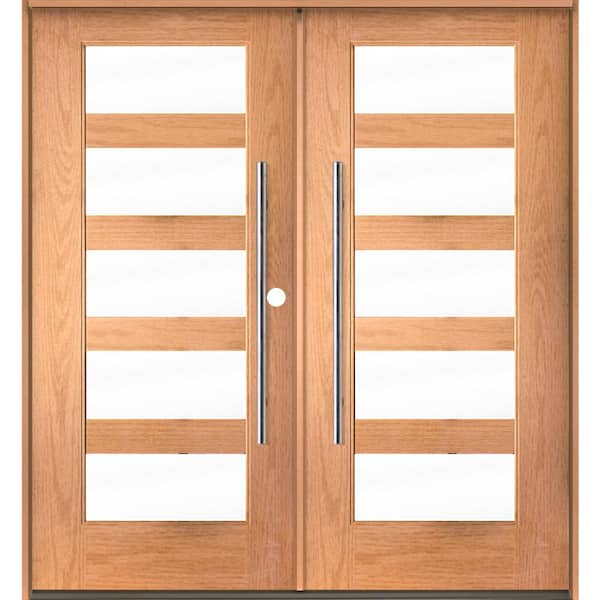 Krosswood Doors Modern Faux Pivot 72 in. x 80 in. Left-Active/Inswing 5 Lite Clear Glass Teak Stain Double Fiberglass Prehung Front Door