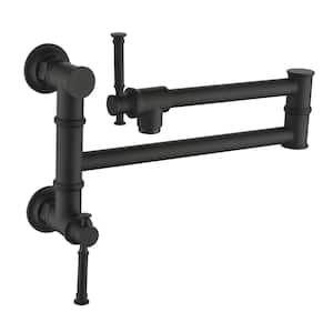 Double Handle Single Hole Wall Mount Folding Pot Filler Faucet 2.2 GPM with Double Joint Swing Arm in Matte Black