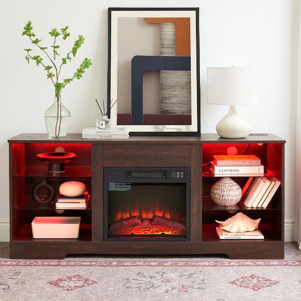 58 in. Freestanding TV Stand, with 18 in Electric Fireplace, LED Lights USB Charging Outlet Glass Shelves Espresso Brown