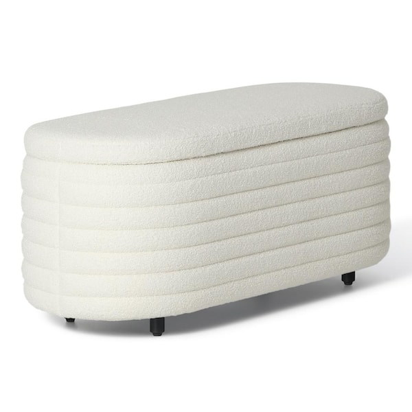 WESTINFURNITURE Bayville 42 in. Wide Oval Sherpa Upholstered Entryway Flip Top Storage Bedroom Accent Bench in Cream