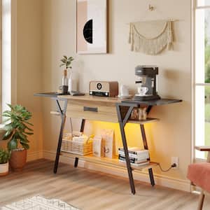 60 in. Pinewood Rectangle Wood Bar Console Table, Sofa Side Table with Geometric Frame, LED Light, Drawer and Shelf