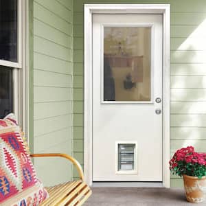 30 in. x 80 in. Reliant Series Clear Half Lite LHIS White Primed Fiberglass Prehung Back Door with Med Pet Door