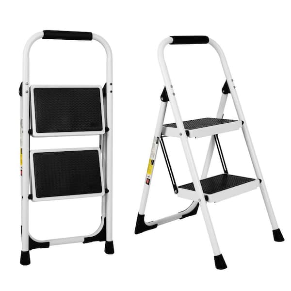 2.7 ft. Reach Metal Step Stool, White 2-Step Ladder Foldable Non-slip Ladder Loading 550 lbs. for Home, Kitchen, Office