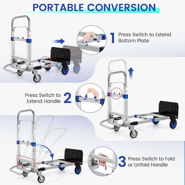 Primehome 3 in 1 Folding Hand Truck, 600 lb Capacity, Aluminum