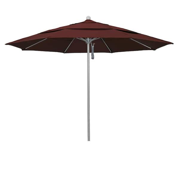 California Umbrella 11 ft. Gray Woodgrain Aluminum Commercial Market Patio Umbrella Fiberglass Ribs and Pulley Lift in Burgundy Pacifica