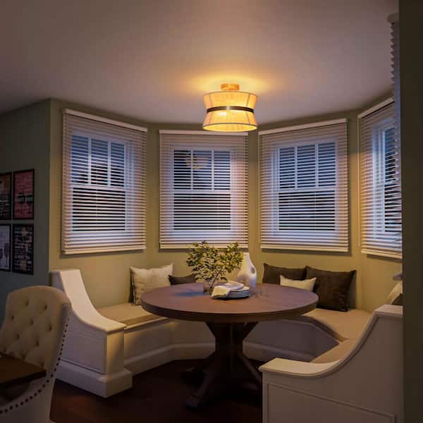 Corbally 13.7 in. 2-Light Modern Boho Gold Drum Handwoven Rope Fabric Tapered Semi-Flush Mount Light