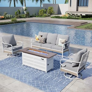 White 4-Piece Metal Outdoor Patio Conversation Set with Swivel Chairs, 50000 BTU Fire Pit Table and Gray Cushions
