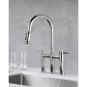 3 Holes Double Handle Brass Bridge Kitchen Faucet with Pull Down Sprayer and Supply Lines in Polished Chrome