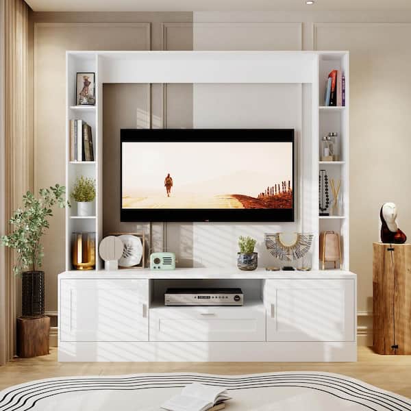 FUFU&GAGA White TV Stand Entertainment Center Fits TV's up to 75 in. with 9 Open Shelf, 2-Shelf with Door, 1-Drawer and 1-Hole