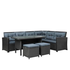 Black 6-Piece Patio Furniture Set Outdoor Rattan Wicker Conversation Set Sectional Sofa w/Table, Ottoman, Gray Cushion