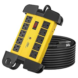 10-Outlets Heavy Duty Power Strip Metal Surge Protector with 15 Amps 15-Foot Yellow Power Cord 2800 Joules for Garden