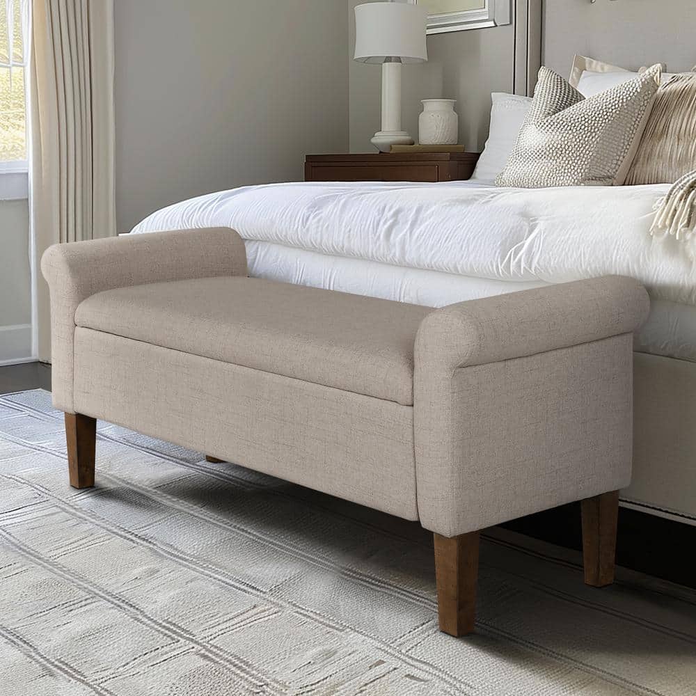 Cream Upholstered Storage Bench with Rolled Armrests