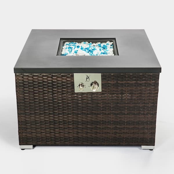 Mondawe 32 in. Square 50000 BTU Brown Wicker Propane Outdoor Fire Pit Table with Gray Steel Tabletop and Lid