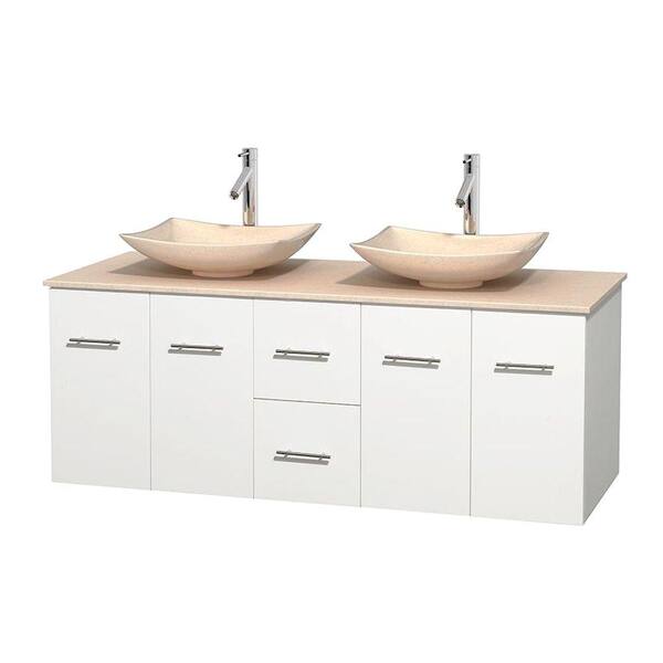 Wyndham Collection Centra 60 in. Double Vanity in White with Marble Vanity Top in Ivory and Sinks