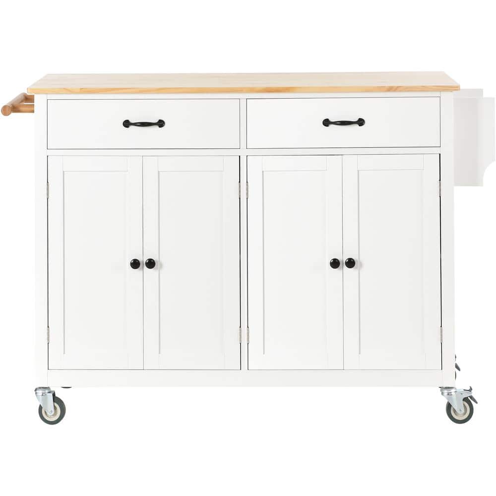 White Solid Wood Top 54.33 in. Kitchen Island with Locking Wheels, 4Door 2Drawers