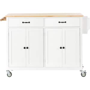 White Solid Wood Top 54.33 in. Kitchen Island with Locking Wheels, 4-Door Cabinet, 2-Drawers, Spice Rack, and Towel Rack