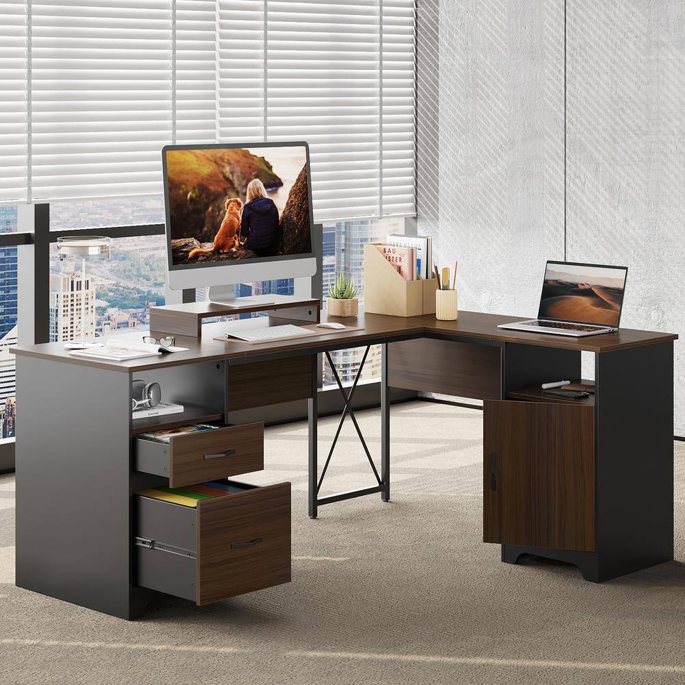 55 in. White 2 Drawers L Shaped Computer Desk with Open Storage and Monitor Stand