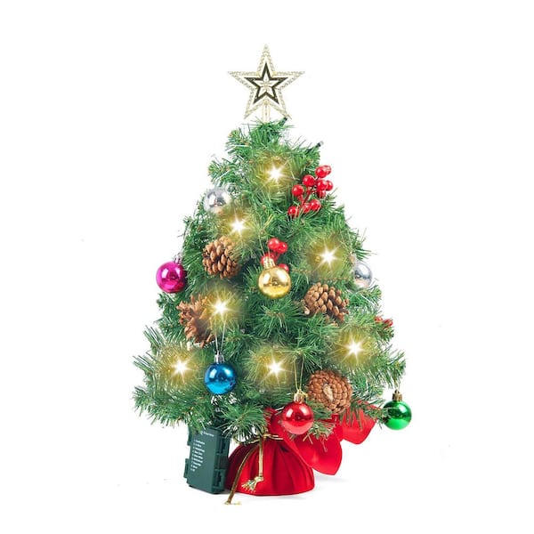 24 in./2FT Prelit Tabletop Christmas Tree with Warm Lights, Holly Berries, Pine Cones Best Holiday Season Decorations