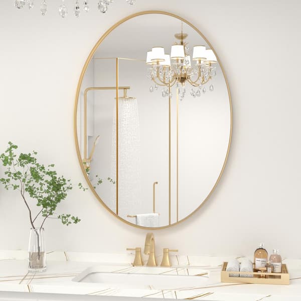 CLAVIE 22 in. W x 30 in. H Medium Oval Iron Framed Wall Mounted Bathroom Vanity Mirror Wall Mirrors in Gold