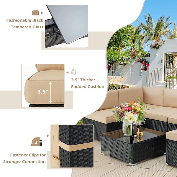 AECOJOY Outdoor Patio PE Rattan Wicker Sofa Cushioned Sectional Furniture Set 
