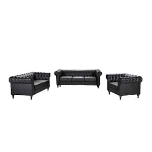 Brooks 3-Piece Black Faux Leather Living Room Set, Chair Loveseat and Sofa (82.3 inch Wide )