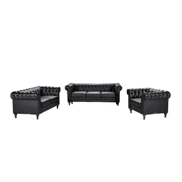 US Pride Furniture Brooks 3-Piece Black Faux Leather Living Room Set, Chair Loveseat and Sofa (82.3 inch Wide )